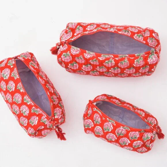 100% Cotton Toiletry Bag Floral Print Toiletry Red Color Bag Pack of 3 for Women Storage & Organization